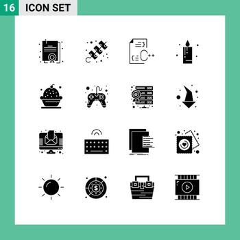 Interfaz de usuario de 16 paquetes de glifos sólidos de signos y símbolos modernos de codificación de horneado cremoso elementos de diseño vectorial editables de velas festivas vector