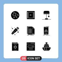 Mobile Interface Solid Glyph Set of 9 Pictograms of registration list lamp filing vegetable Editable Vector Design Elements