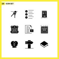 Mobile Interface Solid Glyph Set of 9 Pictograms of document data presentation hiking bag Editable Vector Design Elements