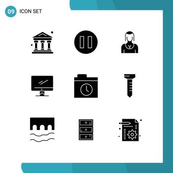 9 User Interface Solid Glyph Pack of modern Signs and Symbols of history backup girl pc device Editable Vector Design Elements