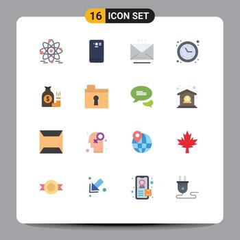 User Interface Pack of 16 Basic Flat Colors of bag time optimization email time clock Editable Pack of Creative Vector Design Elements