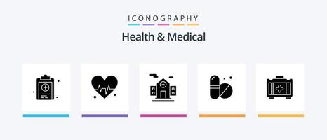 Health And Medical Glyph 5 Icon Pack Including . healthbag. building. bag. tablet. Creative Icons Design vector