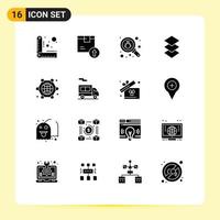 16 User Interface Solid Glyph Pack of modern Signs and Symbols of globe communication bug stack arrange Editable Vector Design Elements