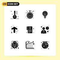 Group of 9 Solid Glyphs Signs and Symbols for up arrow bulb power light Editable Vector Design Elements