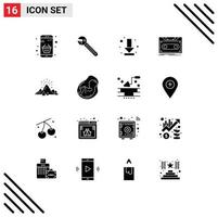 Pictogram Set of 16 Simple Solid Glyphs of tape demo spanner cassette down Editable Vector Design Elements