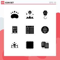 Mobile Interface Solid Glyph Set of 9 Pictograms of computer success strategy solution graph presentation Editable Vector Design Elements