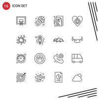 Outline Pack of 16 Universal Symbols of morning heart test world ecology Editable Vector Design Elements