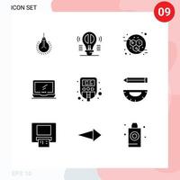 Set of 9 Vector Solid Glyphs on Grid for laptop device mind monitor power Editable Vector Design Elements