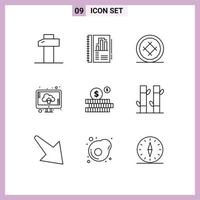 Set of 9 Commercial Outlines pack for investment upload cake storage cloud Editable Vector Design Elements