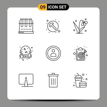Group of 9 Outlines Signs and Symbols for interface headphone up left hobby tulip Editable Vector Design Elements