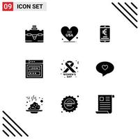 Pack of 9 Modern Solid Glyphs Signs and Symbols for Web Print Media such as day web security payment shield internet Editable Vector Design Elements