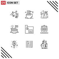 Editable Vector Line Pack of 9 Simple Outlines of festival celebrate meal cake ecology house Editable Vector Design Elements