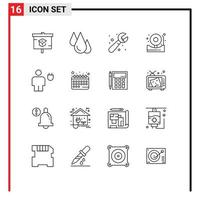 Mobile Interface Outline Set of 16 Pictograms of avatar bell study alert system Editable Vector Design Elements