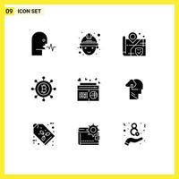 Mobile Interface Solid Glyph Set of 9 Pictograms of songs fm location music money Editable Vector Design Elements