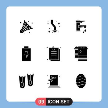 paquete de interfaz de usuario de 9 glifos sólidos básicos de elementos de diseño vectorial editables de grifo de batería de agua corriente de carga de contrato vector
