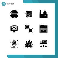 Pack of 9 creative Solid Glyphs of computer share marriage card data sharing industrial plant Editable Vector Design Elements