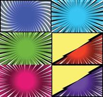 Comic book colorful frames background with halftone rays radial and dotted effects pop art style vector