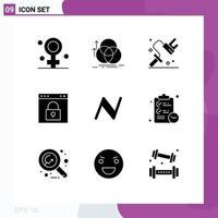 Mobile Interface Solid Glyph Set of 9 Pictograms of password lock geometry interface tool Editable Vector Design Elements