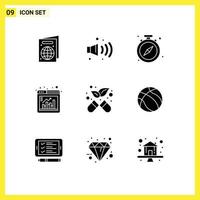 Modern Set of 9 Solid Glyphs Pictograph of ball medicine watch alternative browser Editable Vector Design Elements