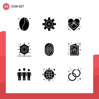 9 User Interface Solid Glyph Pack of modern Signs and Symbols of scanner recognition love identity spider Editable Vector Design Elements