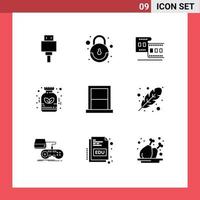 Mobile Interface Solid Glyph Set of 9 Pictograms of furniture appliances cinema medicine herbal Editable Vector Design Elements