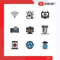 9 Thematic Vector Filledline Flat Colors and Editable Symbols of birthday projector atom products devices Editable Vector Design Elements