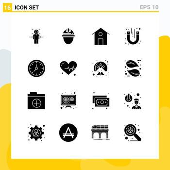 Set of 16 Vector Solid Glyphs on Grid for clock test labor magnet building Editable Vector Design Elements
