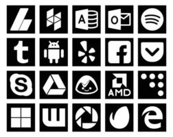 Paquete de 20 íconos de redes sociales que incluye un delicioso chat de campamento base amd yelp vector