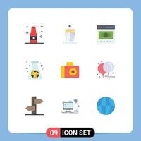 Pack of 9 creative Flat Colors of camera pollution business hazard online Editable Vector Design Elements