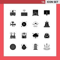 Pack of 16 creative Solid Glyphs of databases monitor hotel imac computer Editable Vector Design Elements