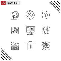 Mobile Interface Outline Set of 9 Pictograms of computer air setting fan computer Editable Vector Design Elements