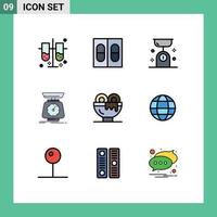 Pack of 9 Modern Filledline Flat Colors Signs and Symbols for Web Print Media such as breakfast scales food scale implementation Editable Vector Design Elements