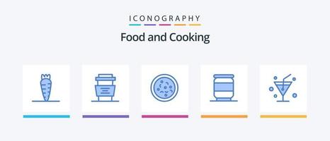 Paquete de 5 iconos de comida azul que incluye. vidrio. pizza. bebida. puede. diseño de iconos creativos vector