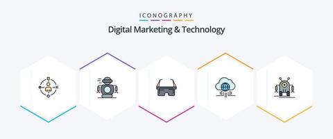 marketing digital y tecnología Paquete de iconos de 25 líneas completas que incluye robótica. tecnología. virtual. nube. Internet vector