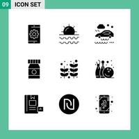 Editable Vector Line Pack of 9 Simple Solid Glyphs of beach bottle travel beach rain Editable Vector Design Elements