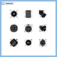 conjunto de 9 iconos de interfaz de usuario modernos símbolos signos para amor corazón máscaras reloj internet elementos de diseño vectorial editables vector