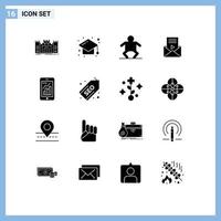 Set of 16 Vector Solid Glyphs on Grid for analytics video player study sms mail Editable Vector Design Elements