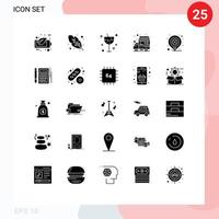 Mobile Interface Solid Glyph Set of 25 Pictograms of location day drink food stall shop Editable Vector Design Elements