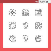 9 User Interface Outline Pack of modern Signs and Symbols of thinking head shopping mental chang sun Editable Vector Design Elements