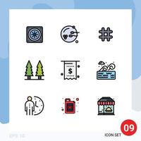 Mobile Interface Filledline Flat Color Set of 9 Pictograms of invoice bill hash tag tree nature Editable Vector Design Elements