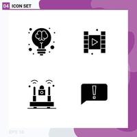 Set of 4 Commercial Solid Glyphs pack for bulb internet light play protection Editable Vector Design Elements