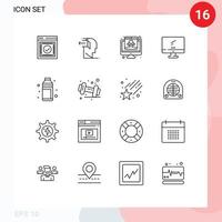 Pack of 16 Modern Outlines Signs and Symbols for Web Print Media such as device computer out hacker cyber Editable Vector Design Elements