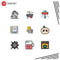 Mobile Interface Filledline Flat Color Set of 9 Pictograms of pocket notebook flower book spaceship Editable Vector Design Elements