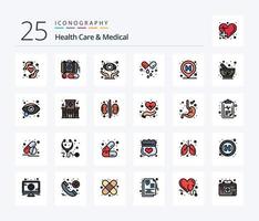 cuidado de la salud y paquete de iconos llenos de 25 líneas médicas que incluye el signo. localización. salud ocular hospital. tableta vector