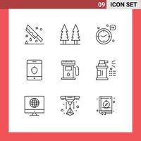 Universal Icon Symbols Group of 9 Modern Outlines of gas station smartphone tree shield heart Editable Vector Design Elements