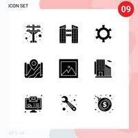Set of 9 Commercial Solid Glyphs pack for building photo setting image google Editable Vector Design Elements