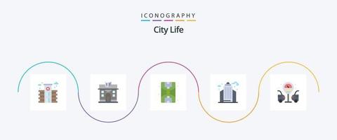 Paquete de 5 iconos planos de la vida de la ciudad que incluye. gasolinera. terrestre. la vida. oficina vector