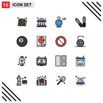 grupo de 16 líneas modernas llenas de colores planos establecidas para herramientas de billar de código de datos de página elementos de diseño de vectores creativos editables