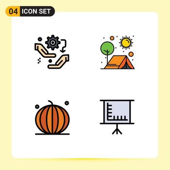 Mobile Interface Filledline Flat Color Set of 4 Pictograms of gear sun configuration camping halloween Editable Vector Design Elements