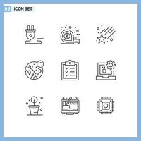 User Interface Pack of 9 Basic Outlines of tasks clipboard falling moon globe Editable Vector Design Elements